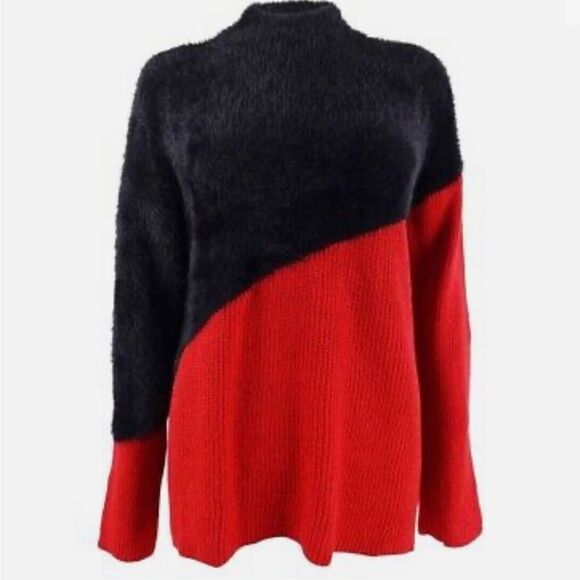 Vince Camuto asymmetrical red and black faux fur mock turtleneck small or large - Picture 3 of 5